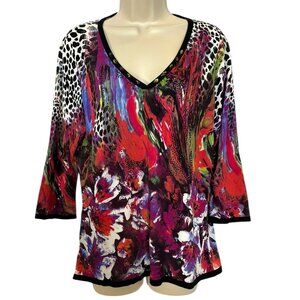 Alberto Makali XL Wild Print Knit Top Jewels & Beads 3/4 Sleeve V Neck